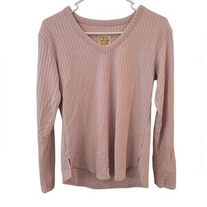 CHASER PINK V- NECK WAFFLE THERMAL KNIT TOP. SIZE X- SMALL.